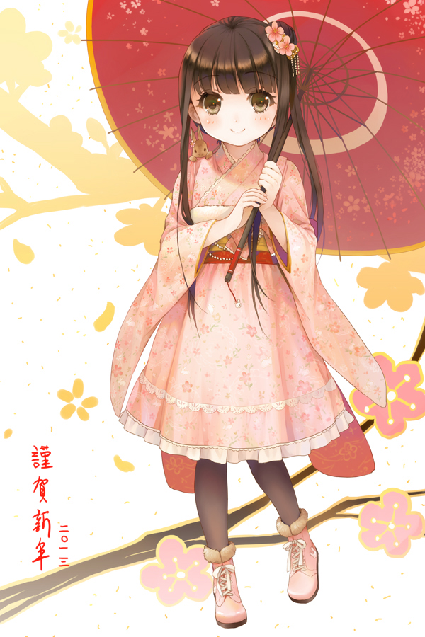 animal_on_shoulder, black_legwear, brown_eyes, brown_hair, bunny, floral_print, flower, hair_flower