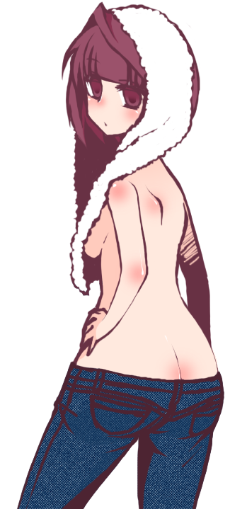 blush, jeans, no_bra, red_hair, redhead, saki, saki_achiga-hen, short_hair, so_sou, solo, sou_(mgn), topless, towel