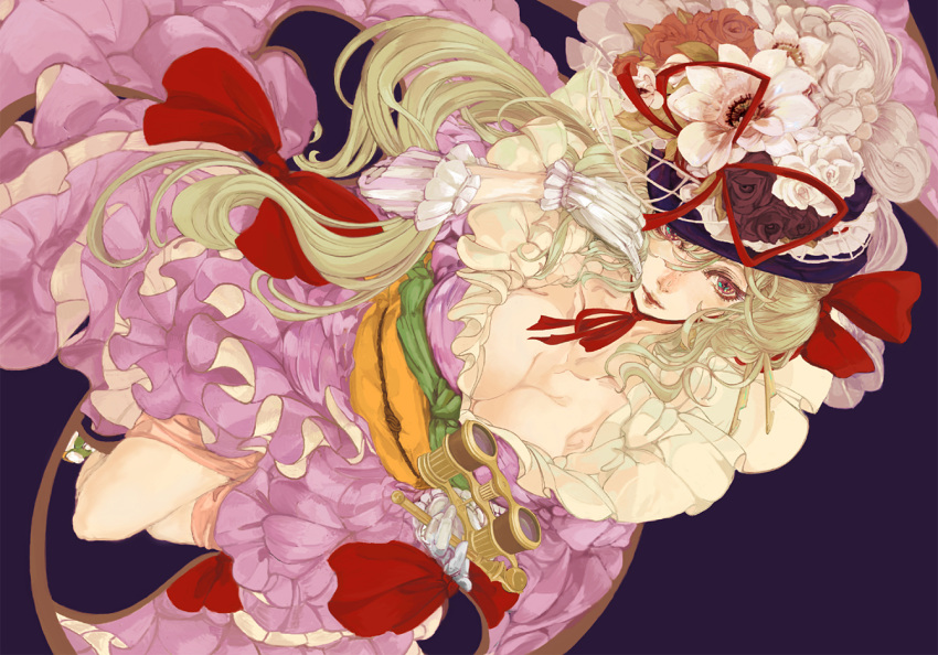 bataunco, blonde_hair, bow, breasts, cleavage, dress, flower, frills