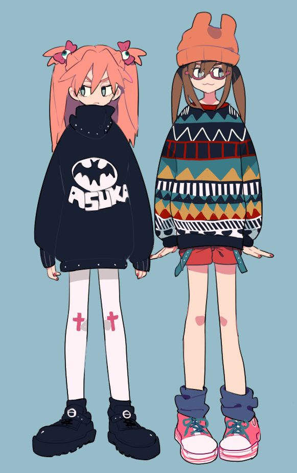 blue_eyes, brown_hair, casual, fashion, glasses, hat, leggings, long_hair, makinami_mari_illustrious, neon_genesis_evangelion, orange_hair, pantyhose, pikaro, rebuild_of_evangelion, shikinami_asuka_langley, smile, soryu_asuka_langley, souryuu_asuka_langley, sweater, white_legwear