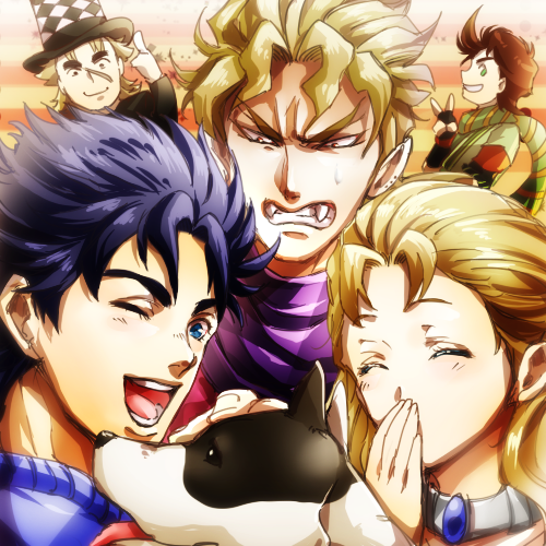 4boys, blonde_hair, blue_eyes, blue_hair, brown_hair, danny_(jojo), dog, erina_pendleton