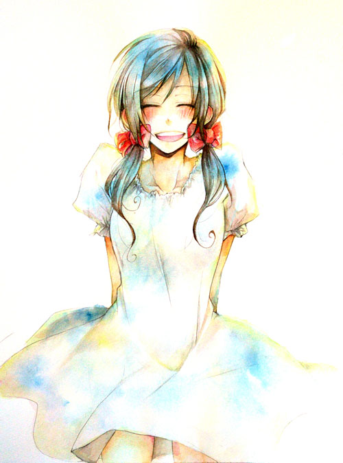 38page, bad_id, blush, brown_hair, closed_eyes, dress, hair_ribbon, long_hair