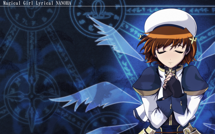 armor, brown_hair, closed_eyes, esperanza_(wp), fingerless_gloves, gloves, hair_ribbon, hands_clasped