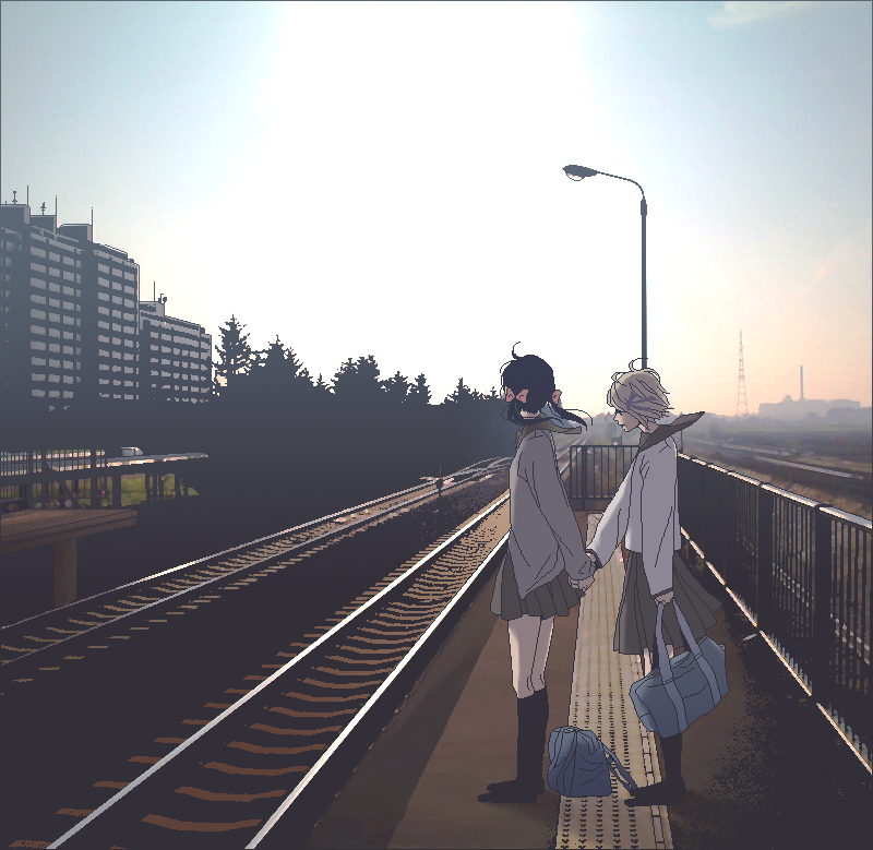 axis_powers_hetalia, bag, black_hair, blonde_hair, building, city, cityscape, hair_ribbon, hand_holding, holding_hands, kneehighs, landscape, liechtenstein_(hetalia), long_hair, multiple_girls, railroad_tracks, ribbon, school_uniform, serafuku, seychelles_(hetalia), short_hair, sky, socks, train_station, train_tracks, twintails, yono