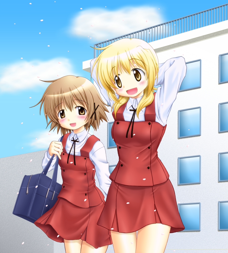 :d, arms_behind_head, arms_up, bag, blonde_hair, blush, brown_eyes, brown_hair