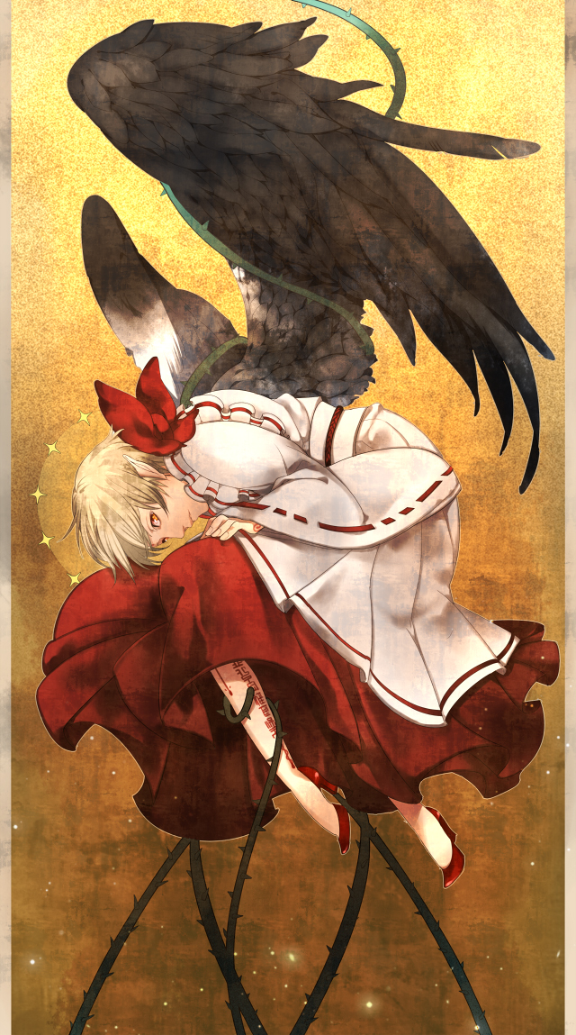 black_wings, blonde_hair, fetal_position, high_heels, original, shakura_dolcevita, shoes, skirt, solo, thorns, vines, wings