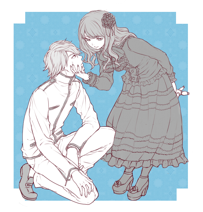 1girl, chin_grab, dress, female, gothic_lolita, kamen_rider, kamen_rider_fourze_(series), lolita_fashion, long_hair, male, monochrome, nozama_tomoko, nugaa, sakuta_ryuusei, school_uniform, voodoo_doll