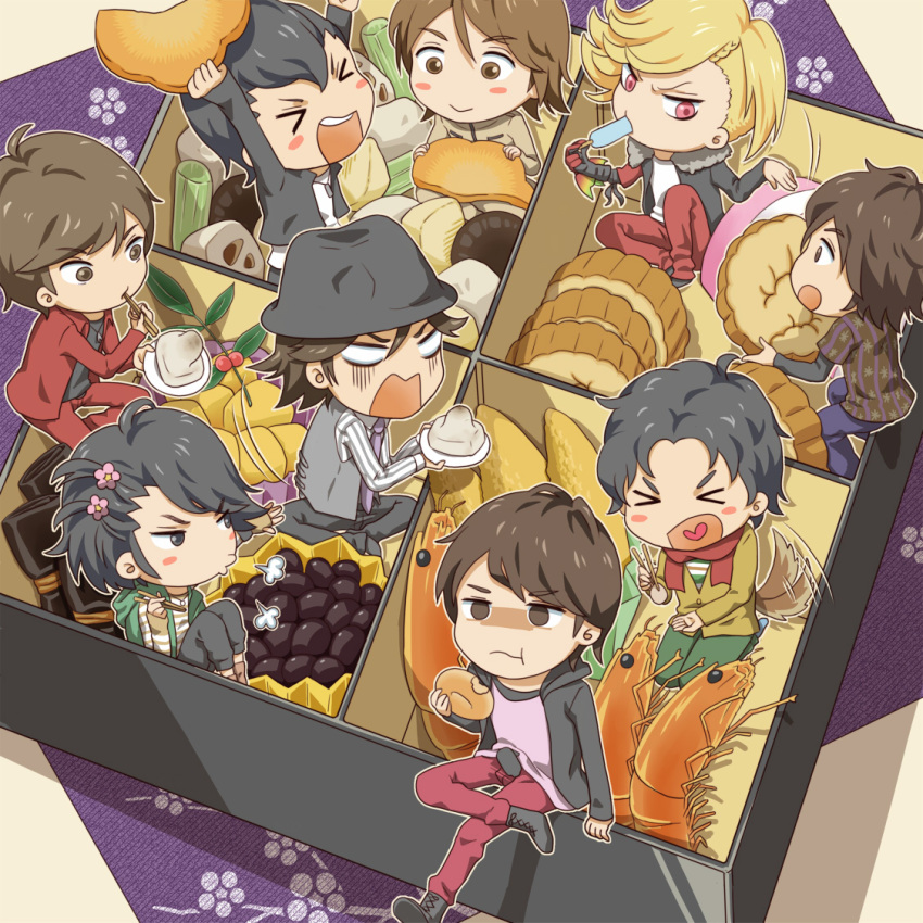 >_<, ankh_(ooo), arms_up, asymmetrical_hair, beans, bento, black_hair, blonde_hair, blush_stickers, boots, brown_eyes, brown_hair, chopsticks, closed_eyes, cross-laced_footwear, dog_tail, doughnut, food, hair_ornament, hairclip, hat, heart, heart_in_mouth, hidari_shoutarou, hino_eiji, hood, hooded_vest, hoodie, jewelry, kamen_rider, kamen_rider_fourze_(series), kamen_rider_ooo_(series), kamen_rider_w, kamen_rider_wizard_(series), kemonomimi_mode, kisaragi_gentarou, male_focus, mochi, multiple_boys, nara_shunpei, natsucos, necklace, open_mouth, philip_(kamen_rider), popsicle, red_eyes, sakuta_ryuusei, scarf, school_uniform, smile, souma_haruto, tail, tail_wagging, terui_ryuu, vegetable, vest, wagashi