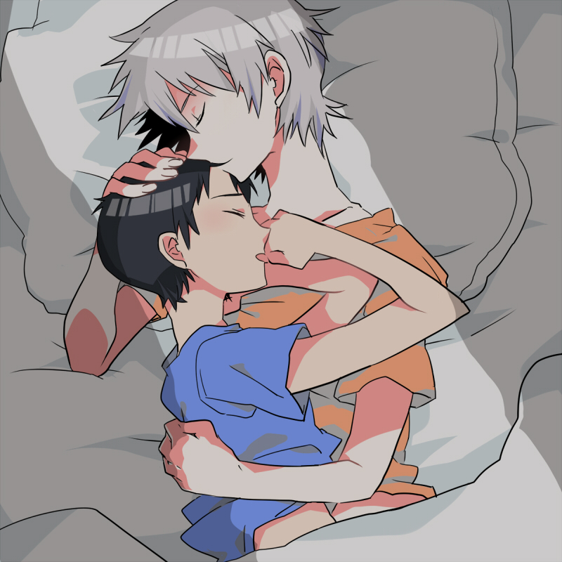 2boys, bed, black_hair, closed_eyes, eyes_closed, grey_hair, hug, ikari_shinji