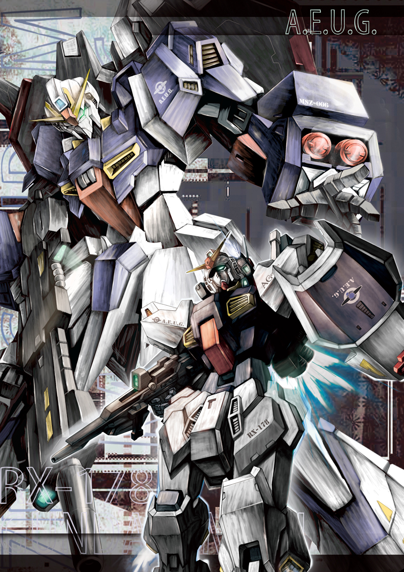 beam_rifle, glowing, glowing_eyes, gun, gundam, gundam_mk_ii, jellyman, mecha, no_humans, oldschool, rx-78-2, science_fiction, shield, weapon, zeta_gundam, zeta_gundam_(mobile_suit)