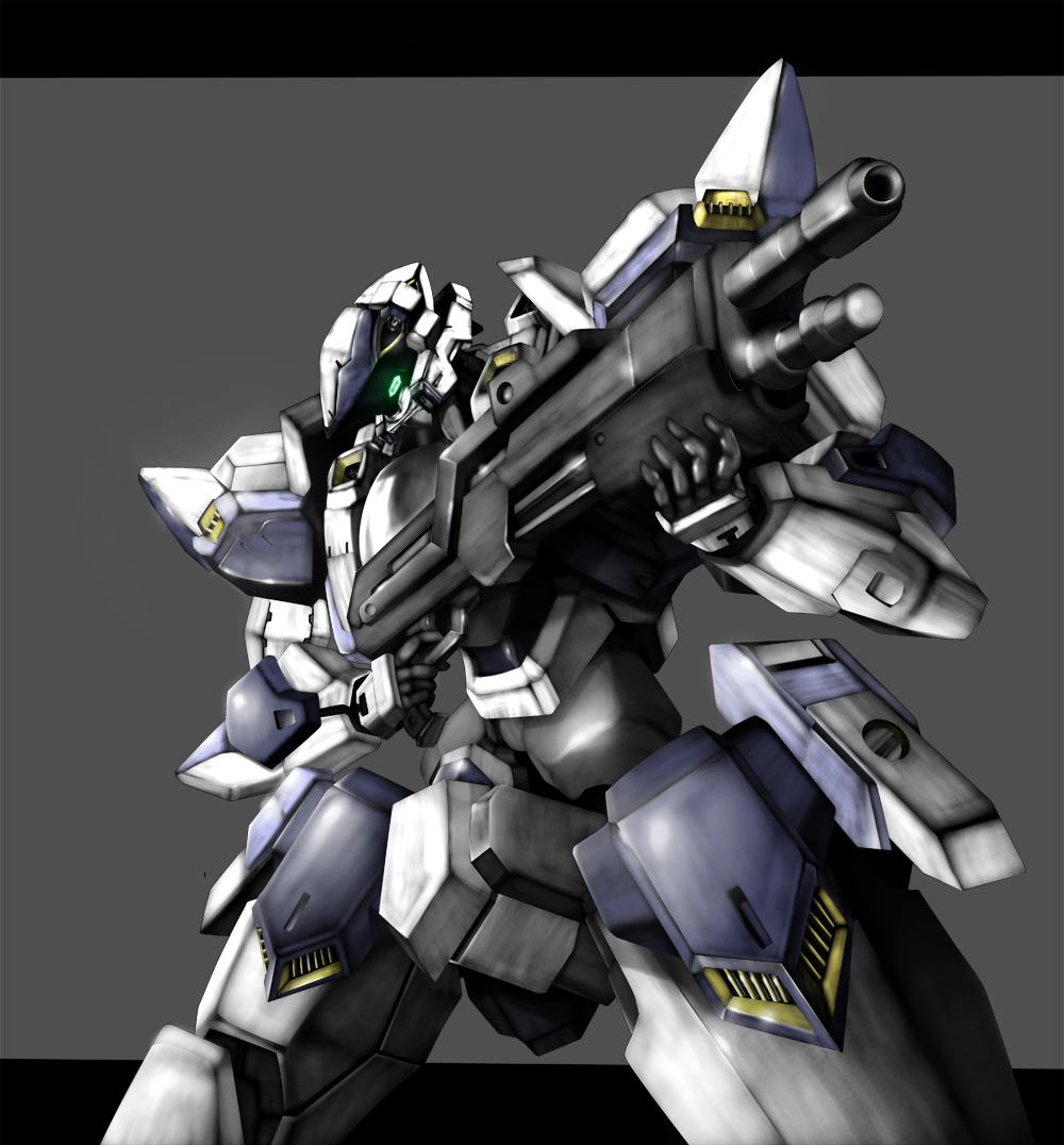 arm_slave_(mecha), full_metal_panic!, glowing, glowing_eyes, gun, jellyman, mecha, no_humans, rifle, simple_background, solo, weapon
