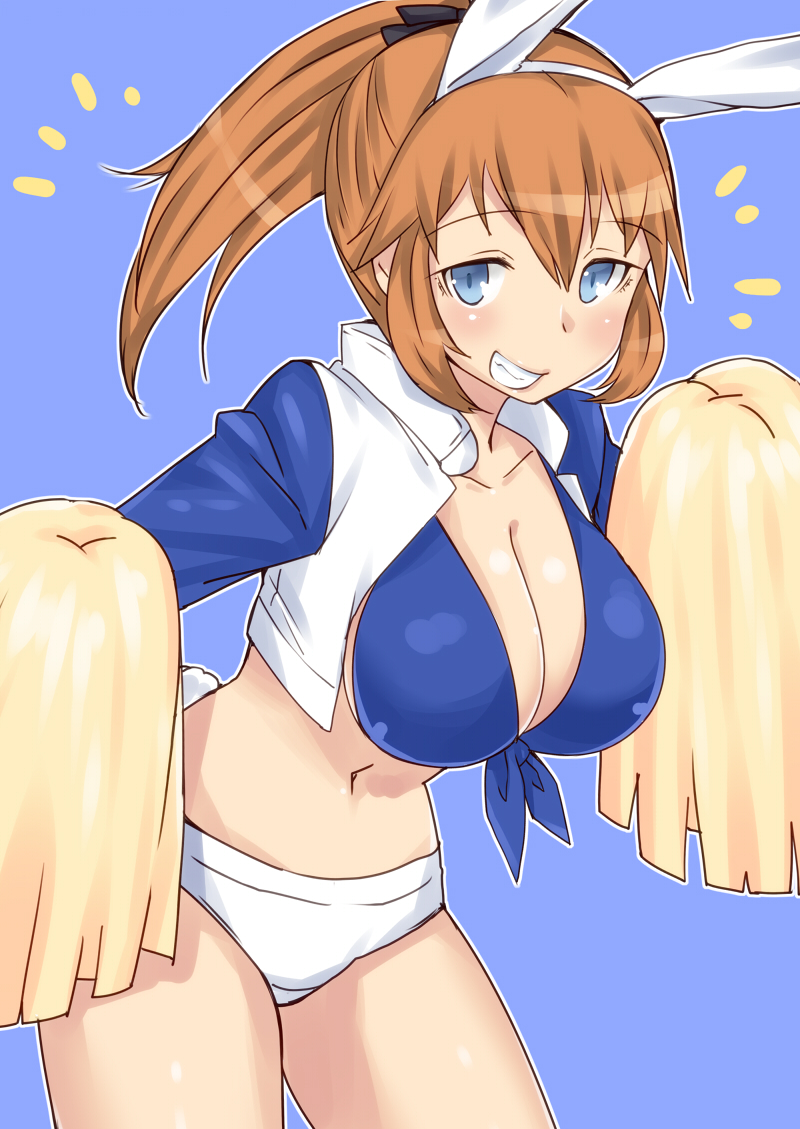 alternate_hairstyle, animal_ears, bikini_top, blue_eyes, blush, breasts, bunny_ears, bunny_tail, charlotte_e_yeager, cheerleader, cleavage, collarbone, crop_top, dallas_cowboys, front-tie_top, grin, large_breasts, maru_(maruttona), midriff, national_football_league, navel, orange_hair, panties, pom_poms, ponytail, rabbit_ears, shiny, shiny_skin, short_shorts, shorts, smile, solo, strike_witches, tail, underwear, white_panties