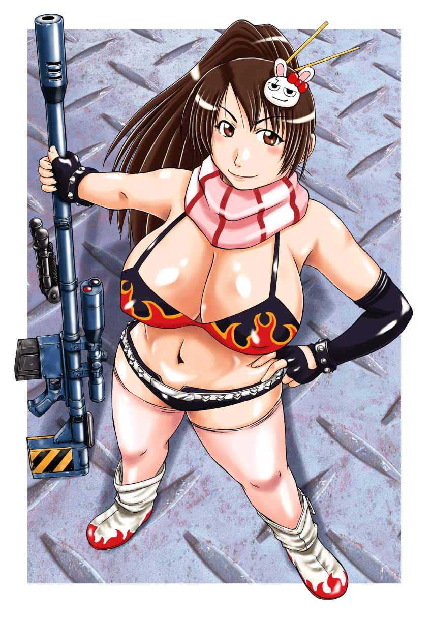 1girl, anti-materiel_rifle, bikini_top, boots, breasts, brown_eyes, brown_hair, bunny_hair_ornament, character_request, chopsticks, cleavage, cosplay, fingerless_gloves, flame_print, gloves, gun, hand_on_hip, highres, huge_breasts, konbini_dmz_plus!, long_hair, midriff, navel, pink_legwear, ponytail, rifle, sao_satoru, scarf, short_shorts, shorts, single_elbow_glove, single_glove, sniper_rifle, solo, tengen_toppa_gurren_lagann, thigh-highs, thighhighs, weapon, yoko_littner_(cosplay)