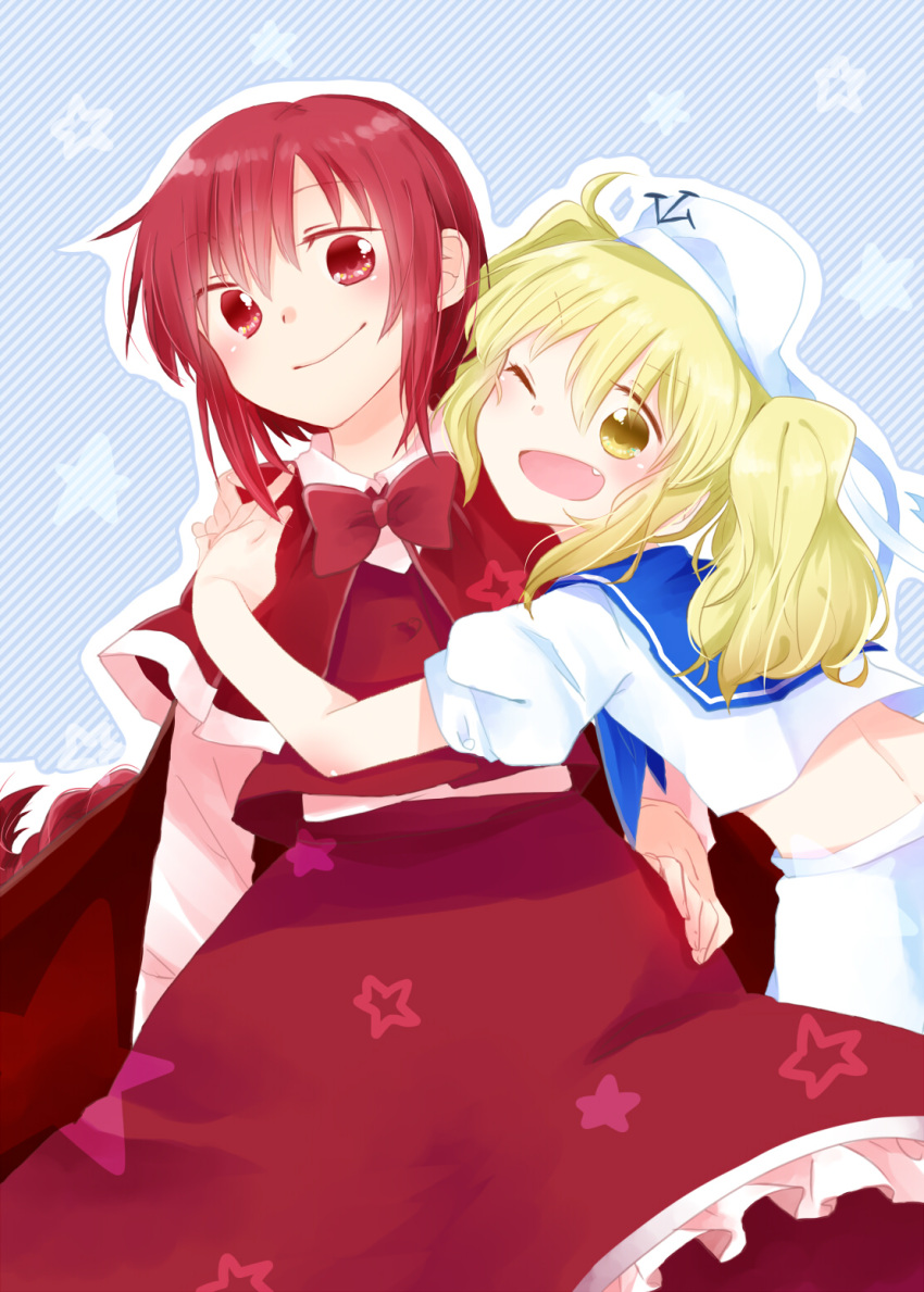 ;d, blonde_hair, blush, braid, cape, capelet, fang, hat, highres, kitashirakawa_chiyuri, long_hair, midriff, mizuki_(flowerlanguage), multiple_girls, okazaki_yumemi, open_mouth, red_eyes, red_hair, redhead, ribbon, sailor, sailor_hat, short_hair, shorts, skirt, smile, tears, touhou, touhou_(pc-98), twintails, vest, wink, yellow_eyes