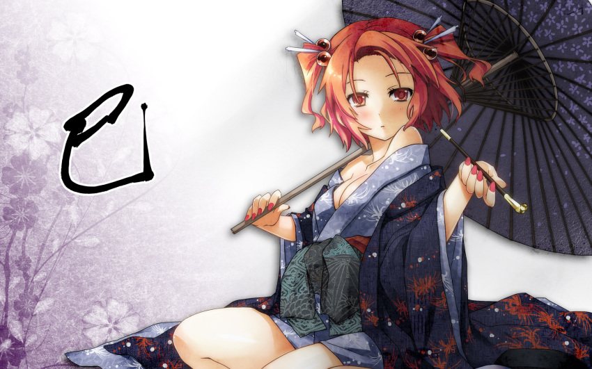 bare_shoulders, blush, highres, japanese_clothes, kimono, onozuka_komachi, oriental_umbrella, pipe