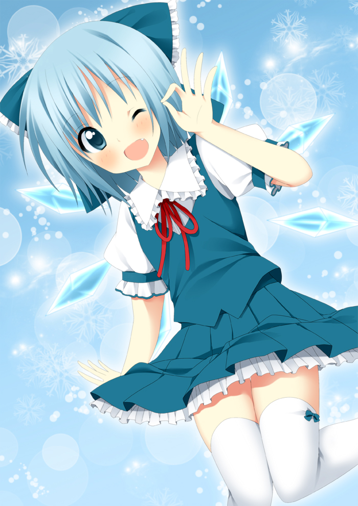 ;0, blue_eyes, blue_hair, bow, cirno, dress, hair_bow, ice