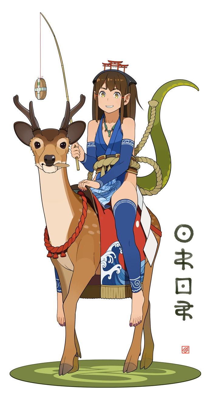 ainu_clothes, animal, arm_warmers, barefoot, brown_hair, deer, fishing_rod, food