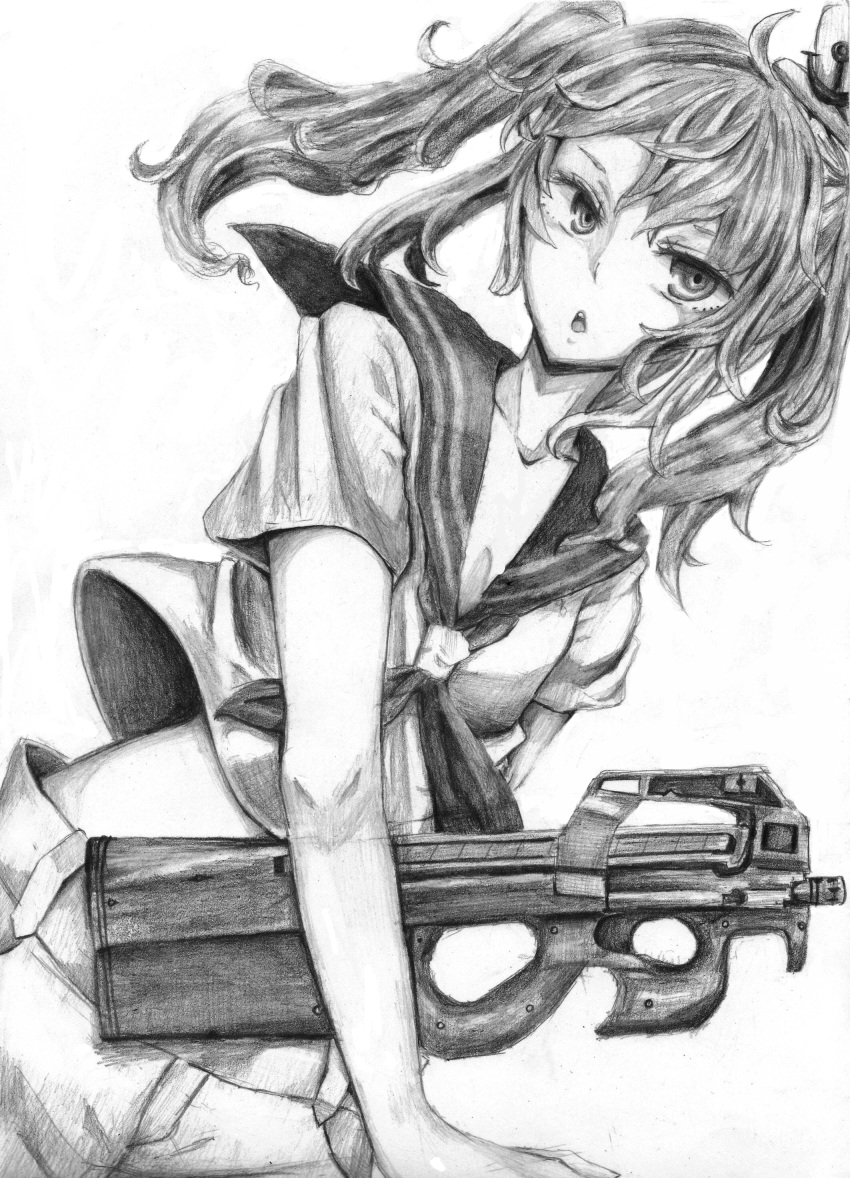 1girl, absurdres, artist_request, ascot, bullpup, graphite_(medium), gun, highres, kitashirakawa_chiyuri, midriff, monochrome, p90, sailor_collar, shorts, solo, submachine_gun, touhou, touhou_(pc-98), traditional_media, tsurime, twintails, weapon