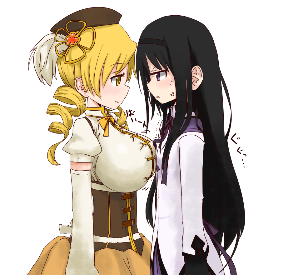 akemi_homura, anger_vein, arm_warmers, asymmetrical_docking, black_hair, blonde_hair, breast_envy, breast_press, breasts, corset, docking, drill_hair, ekusiregaia, eye_contact, face-to-face, flat_chest, hair_ornament, hairband, hat, huge_breasts, large_breasts, long_hair, long_sleeves, looking_at_another, magical_girl, mahou_shoujo_madoka_magica, multiple_girls, puffy_sleeves, purple_eyes, shirt, short_sleeves, skirt, smirk, tomoe_mami, twin_drills, violet_eyes, yellow_eyes