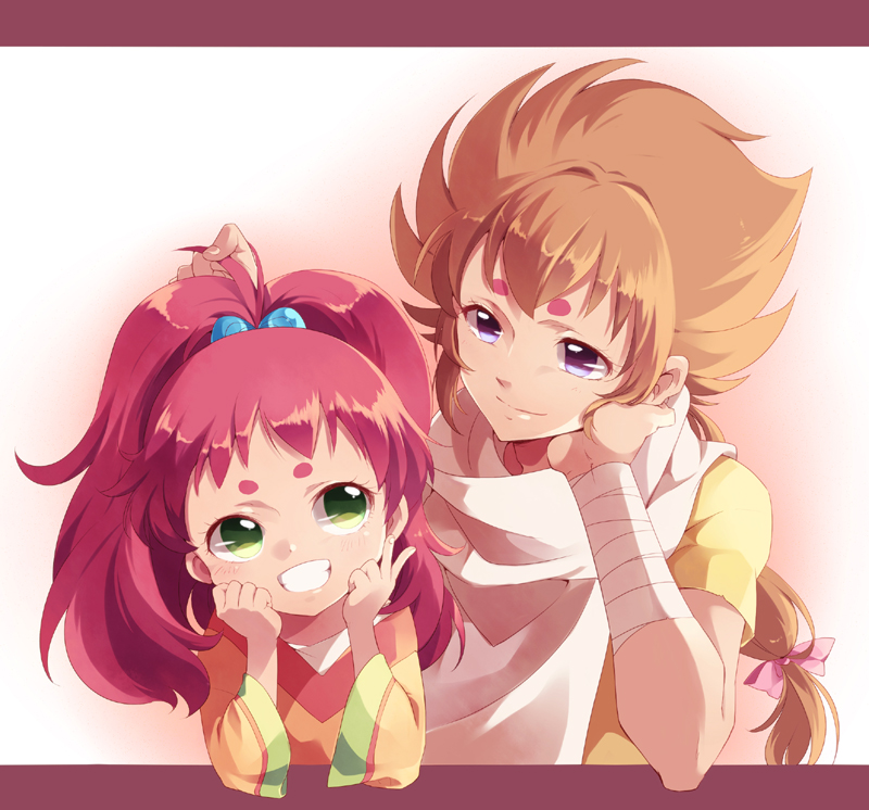 1boy, 1girl, age_difference, brown_hair, female, green_eyes, hair_bobbles, hair_ornament, kiki_(saint_seiya), long_hair, male, ponytail, purple_eyes, raki_(saint_seiya), red_hair, redhead, saint_seiya, saint_seiya_omega, sun_trial, violet_eyes