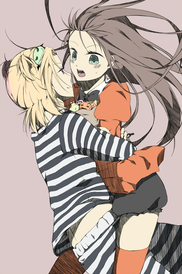 1girl, blonde_hair, bowtie, clock_zero, green_eyes, hair_ornament, hug, kurou_nadeshiko