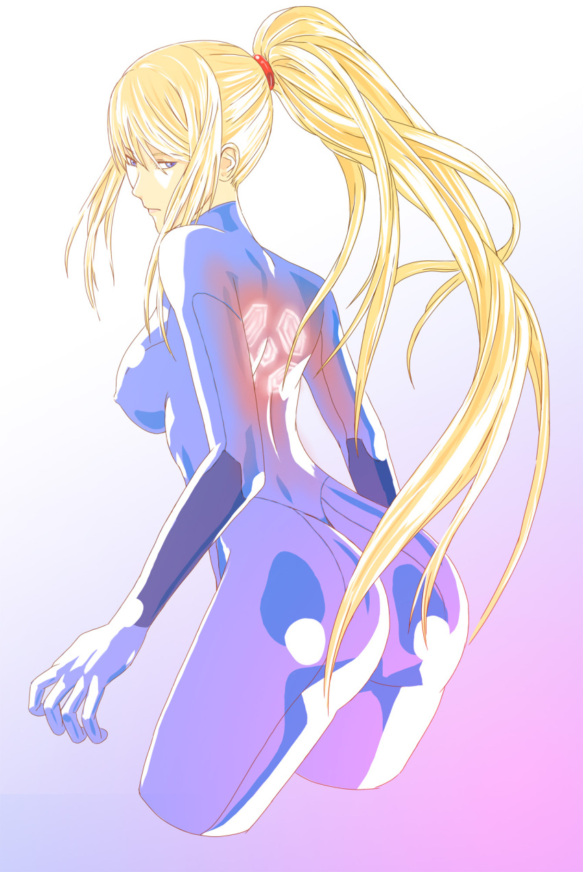 ass, blonde_hair, blue_eyes, bodysuit, erect_nipples, furubokko, glowing, gradient, gradient_background, highres, long_hair, looking_back, metroid, payot, ponytail, samus_aran, shiny, solo, very_long_hair, zero_suit
