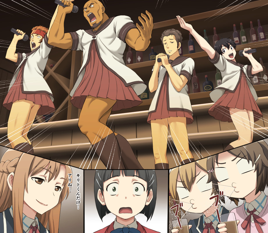 agil, asuna_(sao), bar, blazer, bottle, crossdressinging, gachon_jirou, hair_ornament