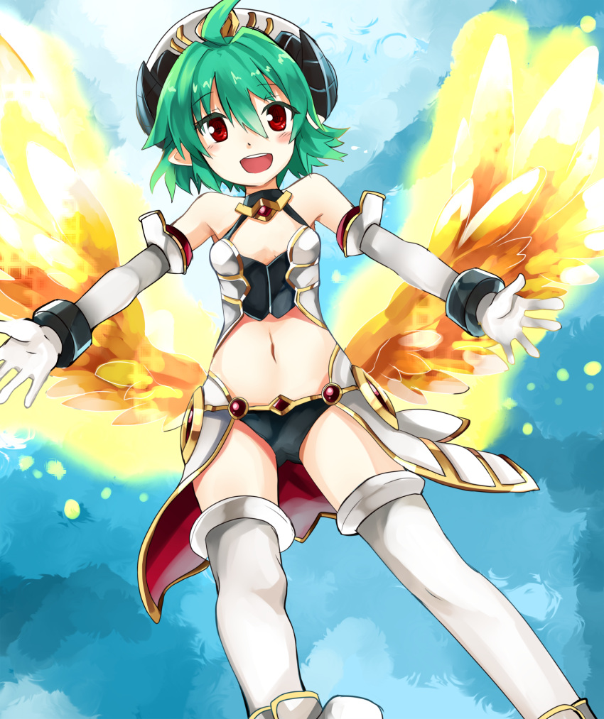 1girl, ahoge, arcana_trust, bare_shoulders, blue_sky, bracer, detached_sleeves, gloves