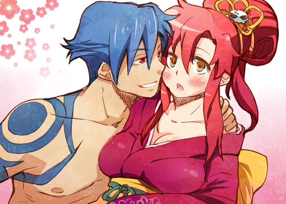 1girl, blue_hair, blush, breasts, couple, flower, hair_ornament, hand_on_shoulder