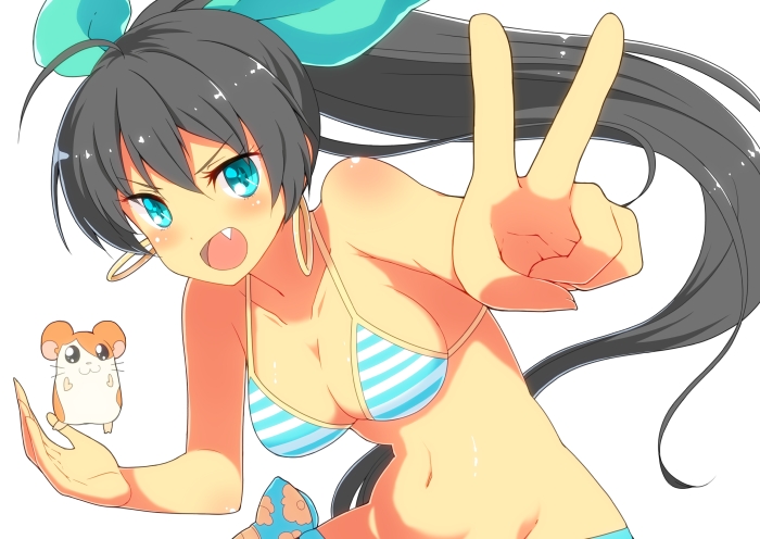 ahoge, aqua_eyes, bikini, black_hair, body_mahattaya_ginga, breasts, cleavage, collarbone