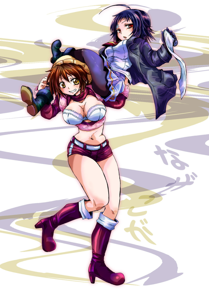 ahoge, blue_hair, breasts, brown_hair, carrying, cleavage, hat, highres