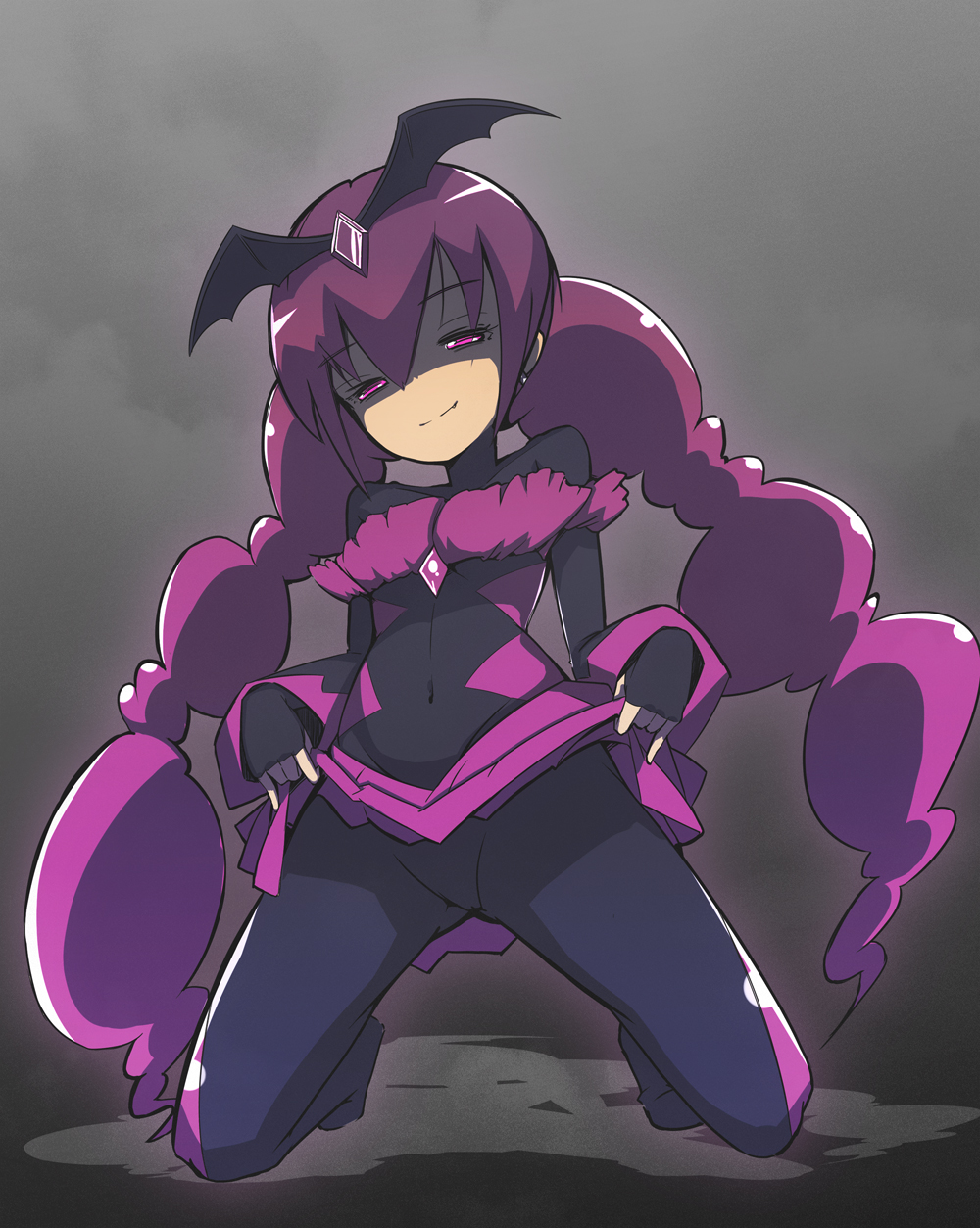 bad_end_happy, bad_end_precure, bodysuit, clothed_navel, dark_persona, grey_background, headdress, highres