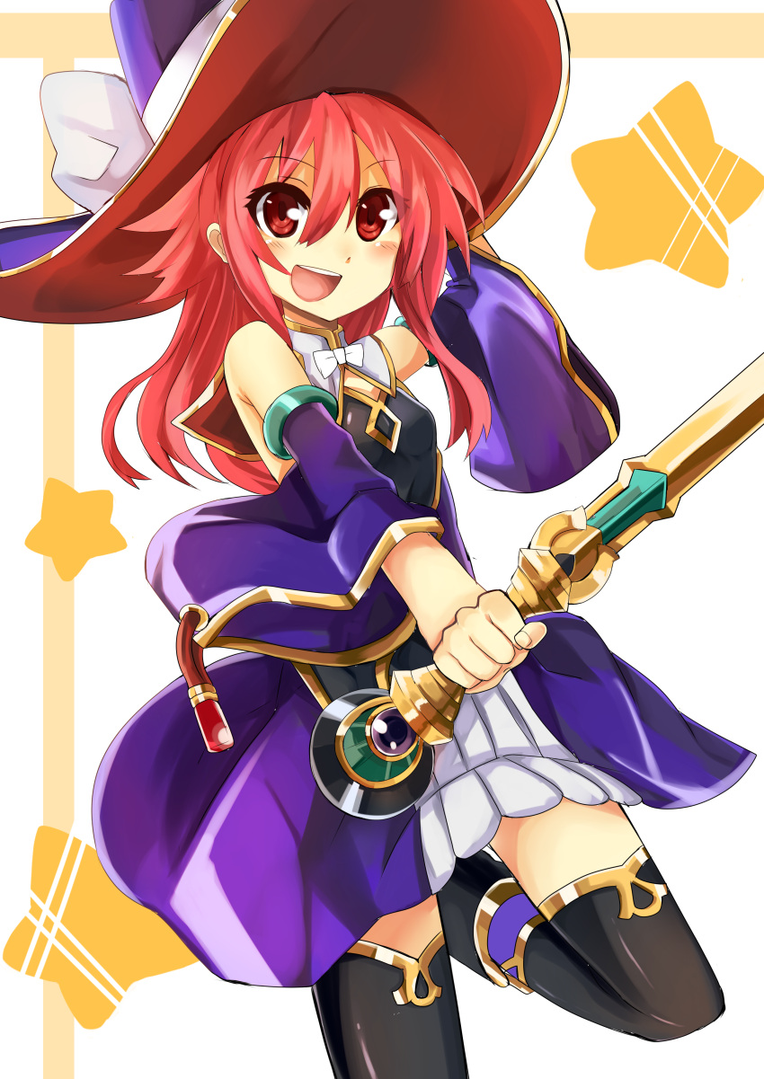 absurdres, adjusting_hat, black_legwear, blush, bow, cleavage_cutout, daimadou_magiko, detached_sleeves