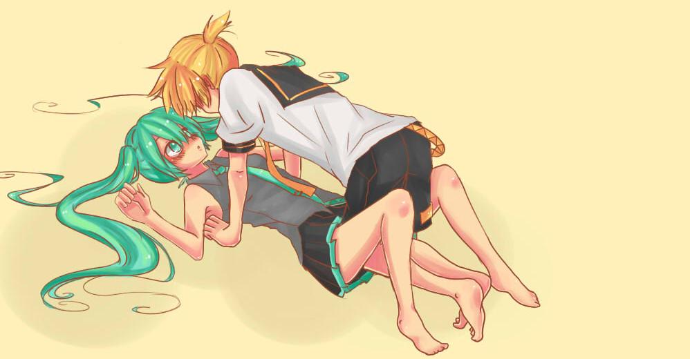 1girl, all_fours, aprilmayu, blonde_hair, blush, eye_contact, green_eyes, green_hair, hatsune_miku, kagamine_len, long_hair, looking_at_another, lying, necktie, on_back, shorts, skirt, twintails, vocaloid