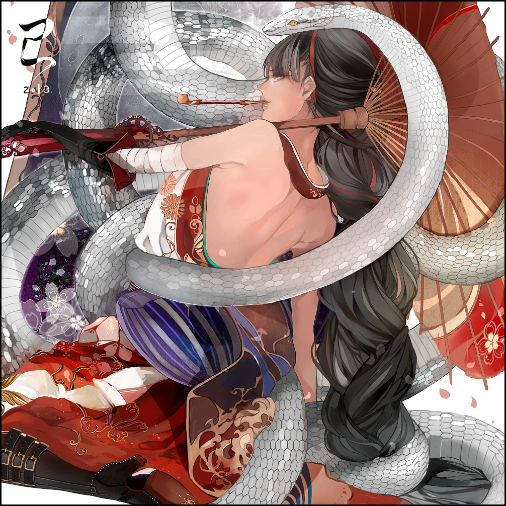 bare_back, bare_shoulders, black_hair, from_behind, gloves, grey_eyes, hebi, high_heels