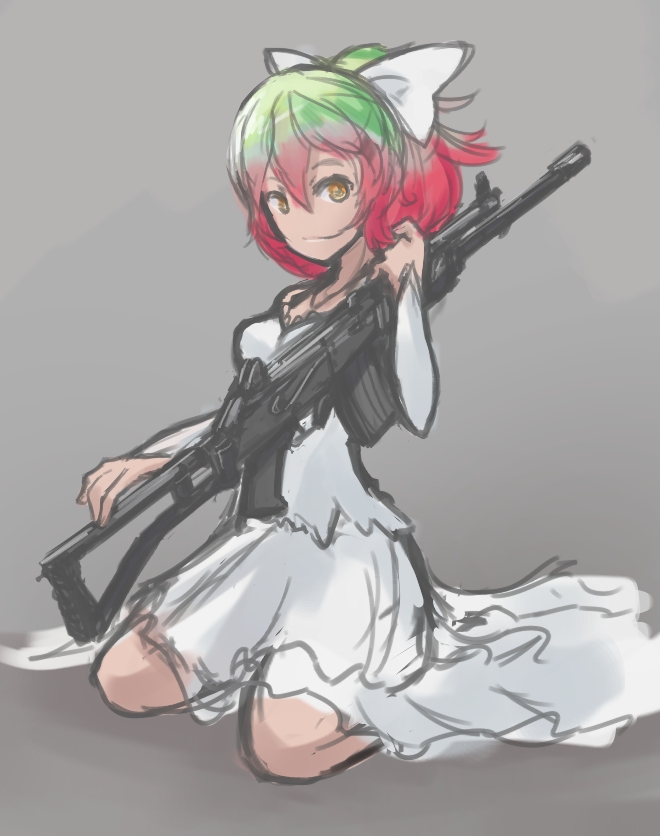 4chan, arceonn, assault_rifle, bare_shoulders, bow, bridal_gauntlets, brown_eyes, dress