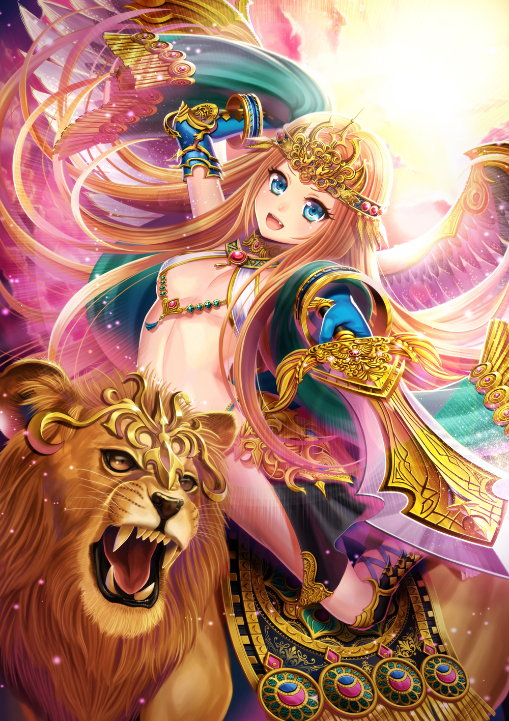 :d, blonde_hair, blue_eyes, fang, gloves, highres, jewelry, lion