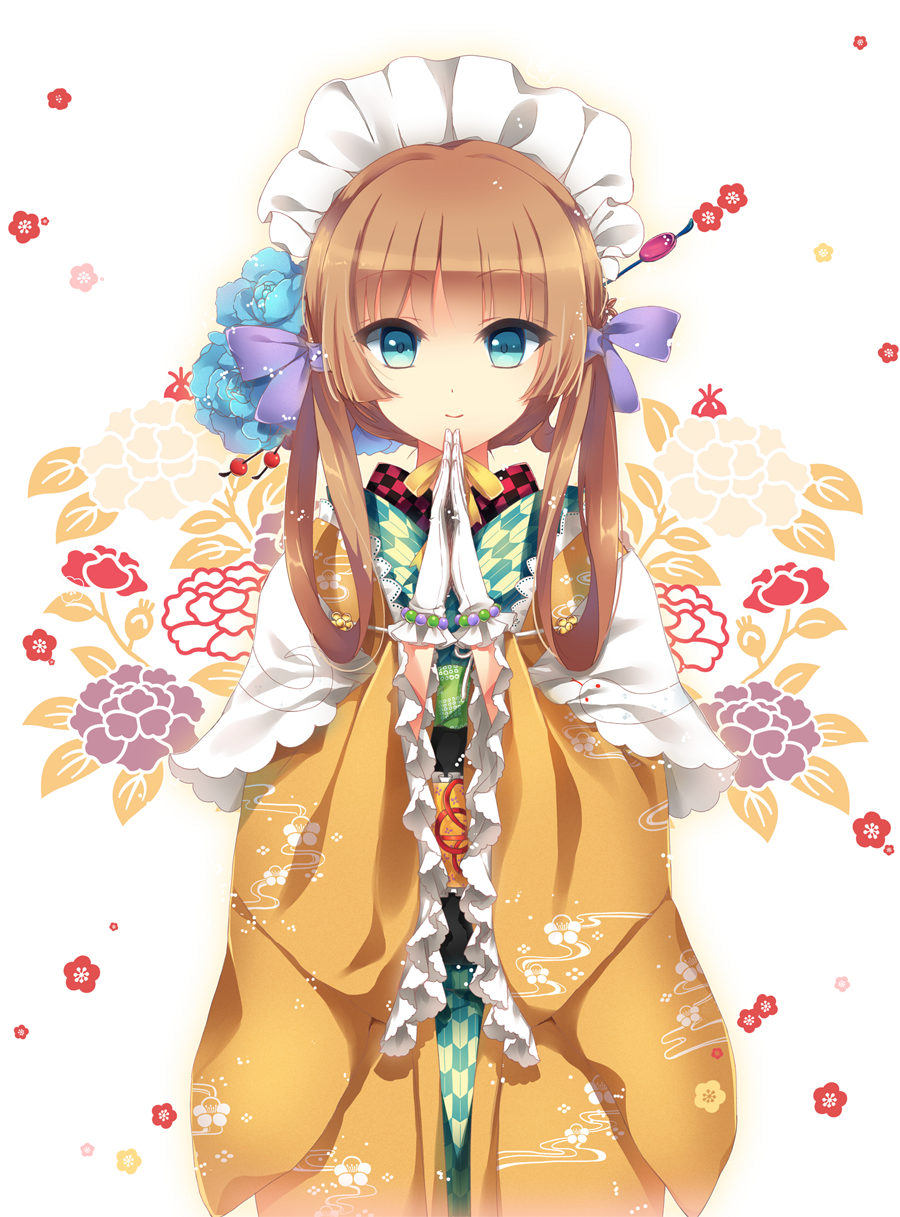 akara, blue_eyes, bracelet, brown_hair, ceru, copyright_request, flower, flower_on_head