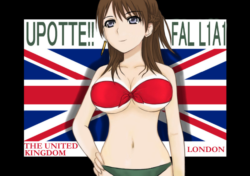 bare_shoulders, bikini, breasts, brown_hair, cartridge, character_name, cleavage, fal_(upotte!!)