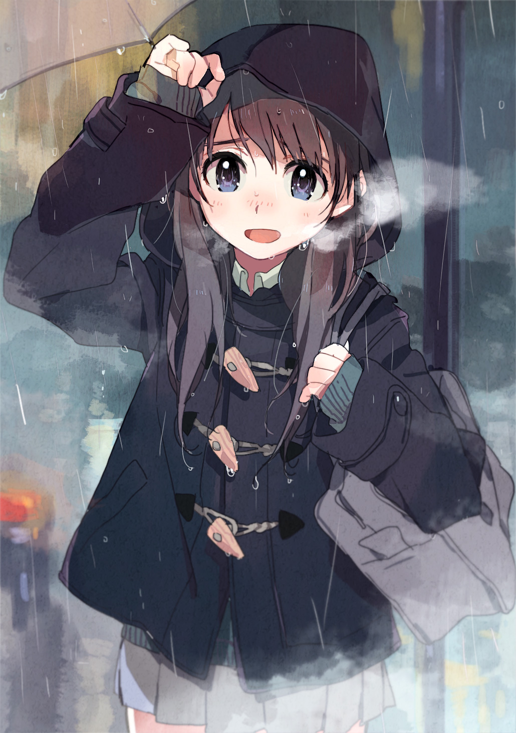 blue_eyes, brown_hair, copyright_request, highres, poo_(artist), rain, skirt, solo