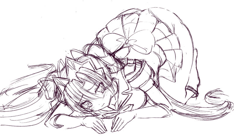 apologizing, bowing, breasts, character_request, cleavage, copyright_request, down_blouse, elbow_gloves