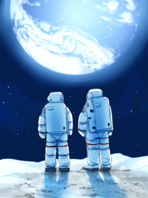 astronaut, blue, earth, epic, good_end, japanese_flag, katagiri, moon