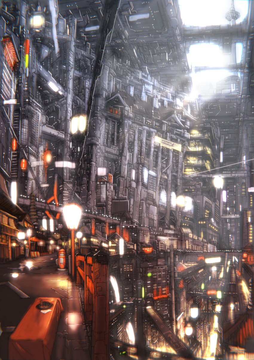 bridge, city, city_lights, highres, kyoto, lamppost, midorimushi-kai, neon_lights