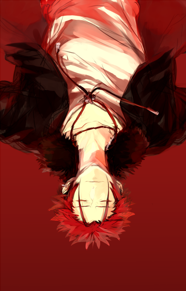 closed_eyes, eyes_closed, jacket, k_(anime), kudou_akira, male, red_background, red_hair