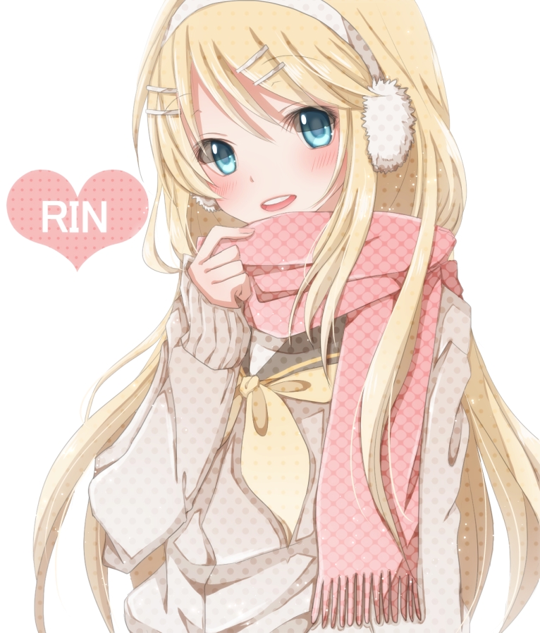 blue_eyes, earmuffs, hair_ornament, hairclip, heart, hiro_(hirohiro31), kagamine_rin, long_hair