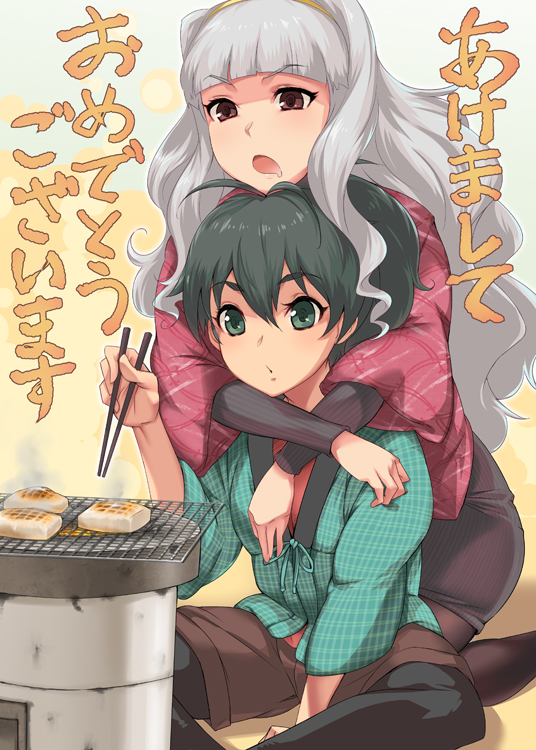 black_eyes, black_hair, black_legwear, blush, brown_eyes, chopsticks, don_michael, drilling