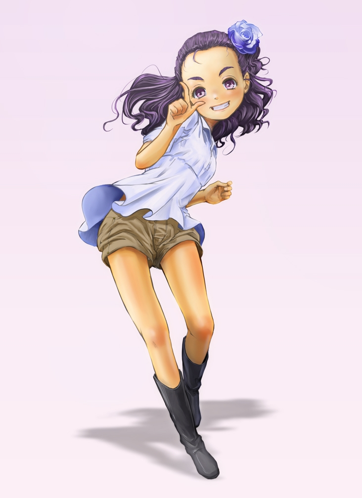 blue_rose, blush, boots, curegolgom, flower, grin, hair_flower, hair_ornament