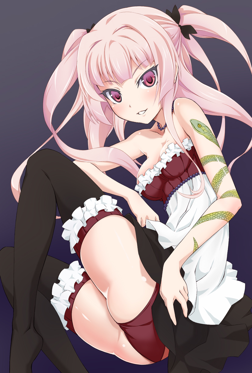 ass, bare_shoulders, black_legwear, breasts, cleavage, grin, highres, long_hair
