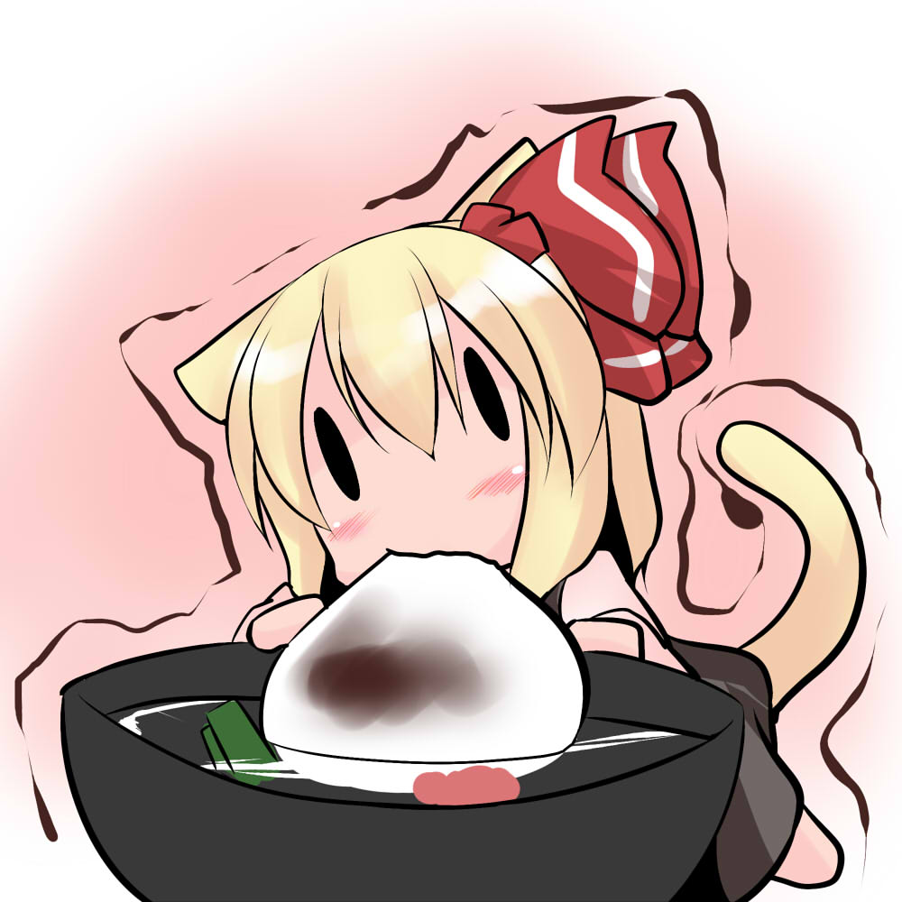 animal_ears, blonde_hair, bowl, cat_ears, cat_tail, eating, food, hair_ribbon