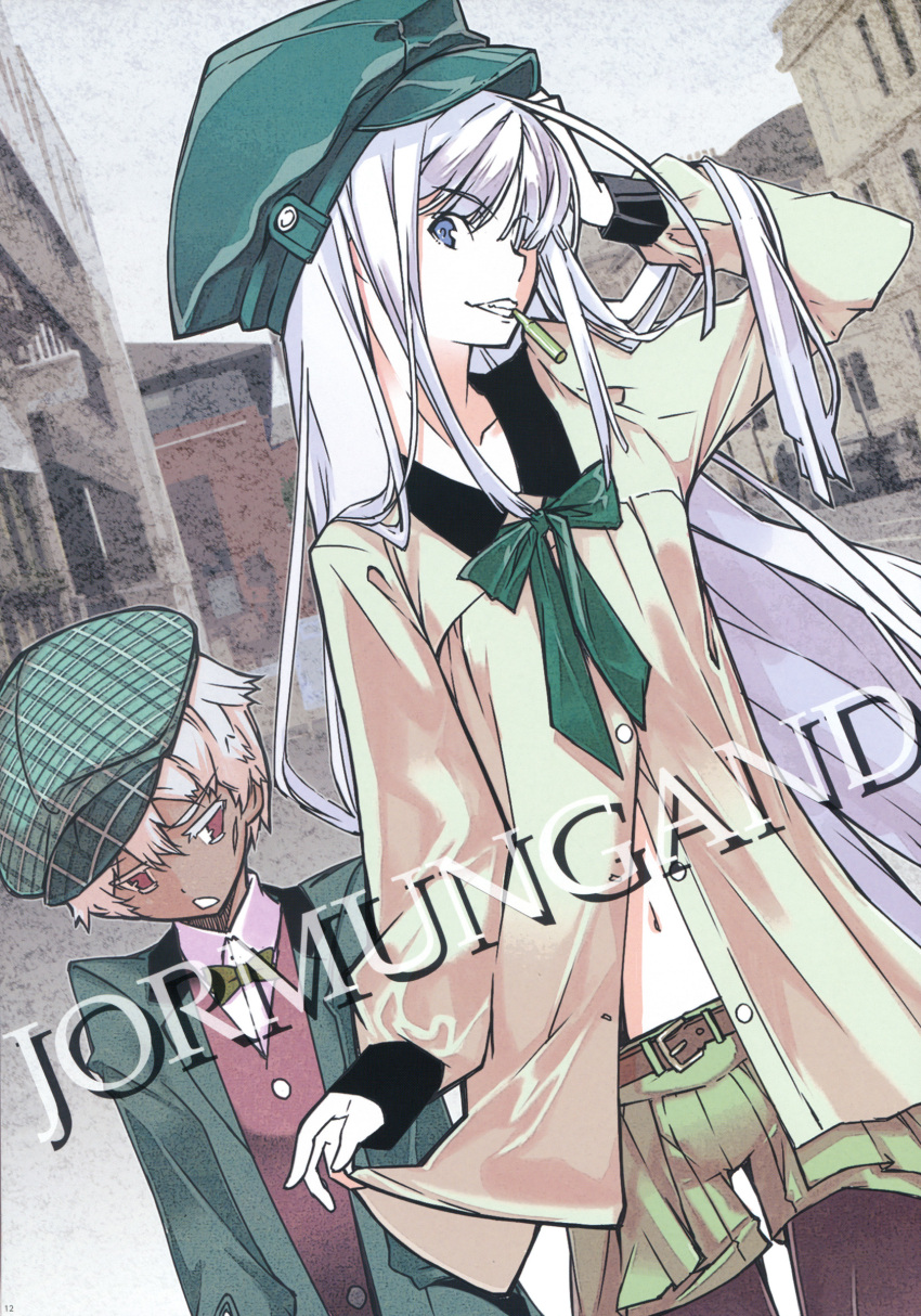 1girl, absurdres, akizuki_ryou_(artist), artist_request, blue_eyes, bowtie, bullet, cabbie_hat, cap, checkered_pattern, dark_skin, flat_cap, hat, highres, johnathan_mar, jormungand, koko_hekmatyar, legwear_under_shorts, long_hair, mouth_hold, navel, open_clothes, open_shirt, pantyhose, plaid, red_eyes, scar, shorts, white_hair